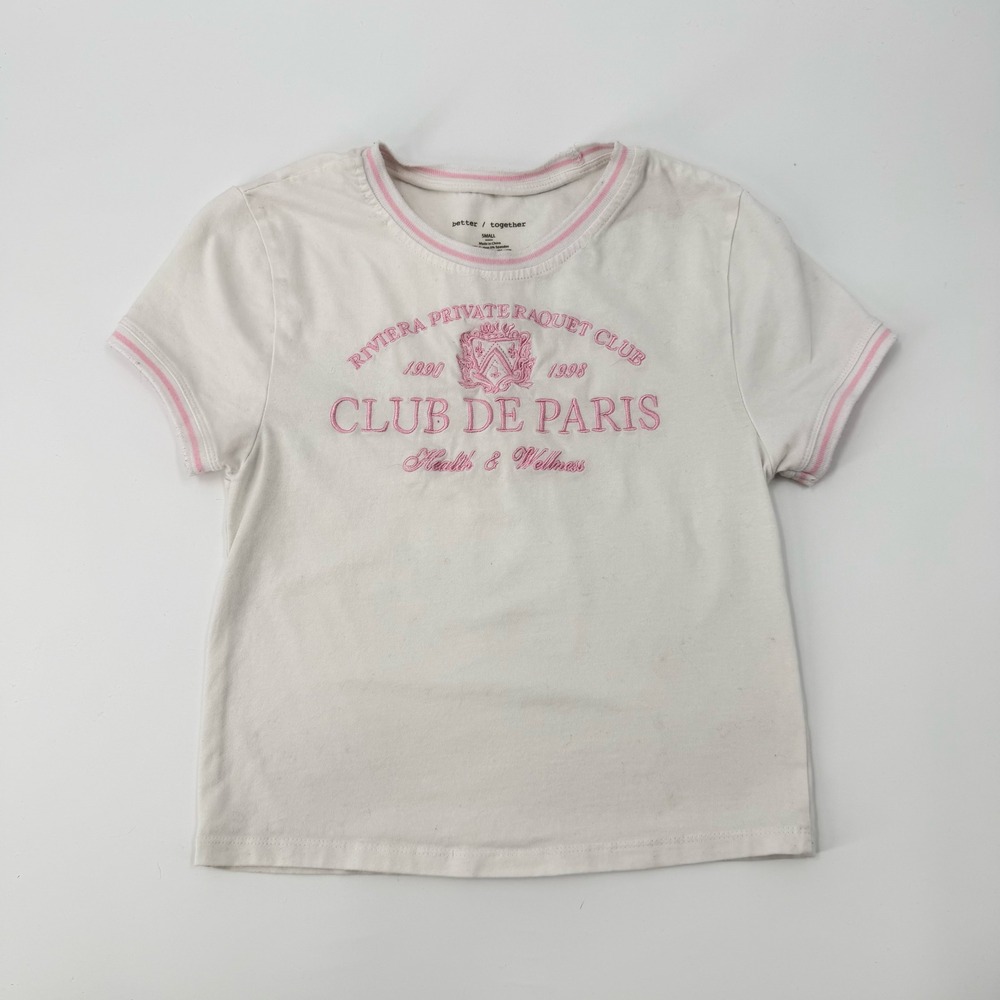 Coquette Balletcore Paris Graphic Baby Tee White Pink Small Riviera Raquet
